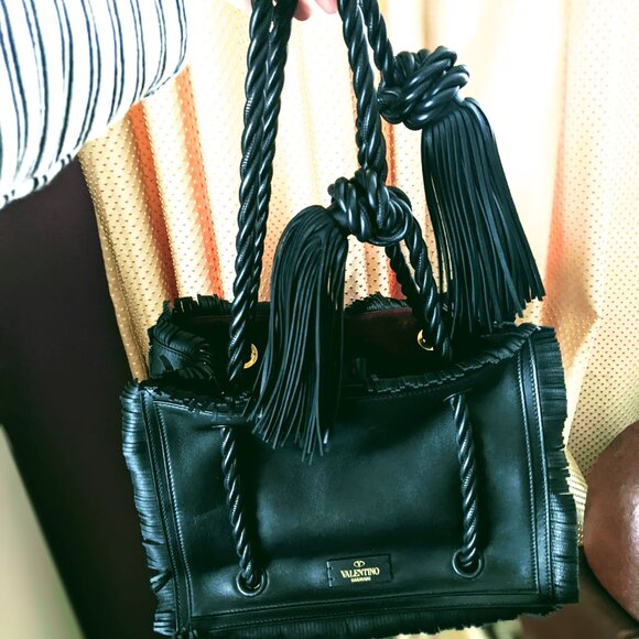 VALENTINO The Rope black fringe leather braided rope handle tote bag/Medium - Picture 10 of 14